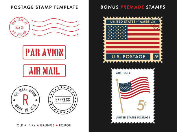 ilustrações de stock, clip art, desenhos animados e ícones de postage stamp template set - grunge dirty banner red