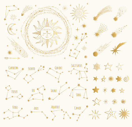 Set of golden space design elements. Zodiac signs. sun, moon, stars, comets. Vector gold illustration. Isolated.