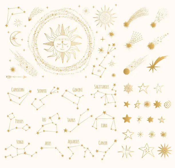 Vector illustration of Set of golden space design elements. Zodiac signs. sun, moon, stars, comets. Vector gold illustration. Isolated.