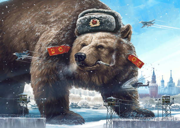 Caricature character bear. Propaganda cliche. Grotesque (caricature) character. Formidable bear in a soldier's hat looks away West's and smokes. Comic image of Russia and the USSR. Propaganda cliche. kremlin stock illustrations