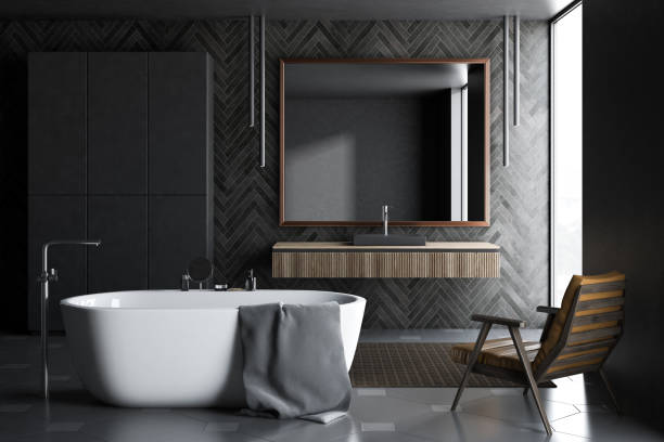 istock Black wooden bathroom with closet 1087154336