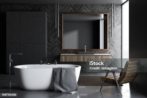 Black Wooden Bathroom With Closet Stock Photo - Download Image Now - Appliance, Bathroom, Bowl
