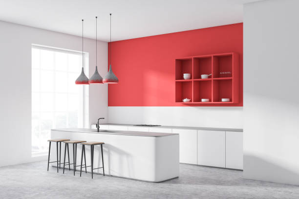 istock Red kitchen corner with bar and shelves 1087156264