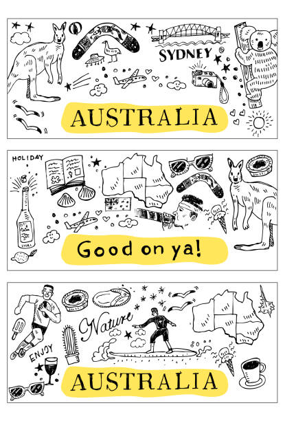 illustrazioni stock, clip art, cartoni animati e icone di tendenza di doodle australia disegnato a mano, stile di schizzo, illustrazione vettoriale - koala australia sydney australia animal
