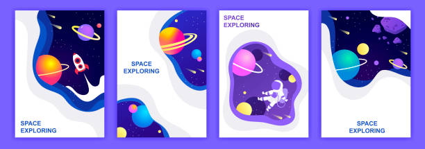set of space banners. vector illustration. cover design. sky, planets and stars set of space banners. vector illustration. cover design. sky, planets and stars astronaut borders stock illustrations