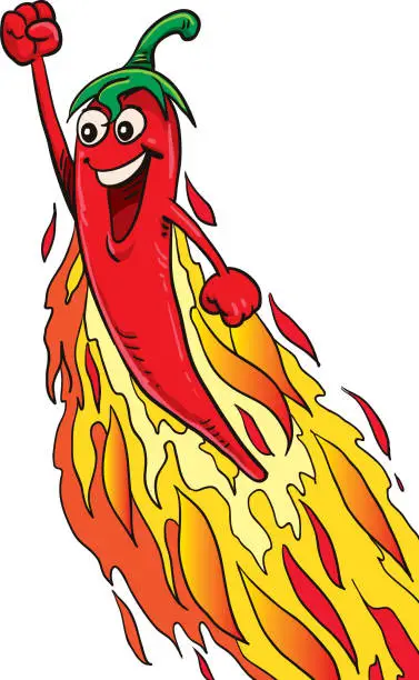 Vector illustration of Hot Chili Pepper On Fire Cartoon Character - Vector