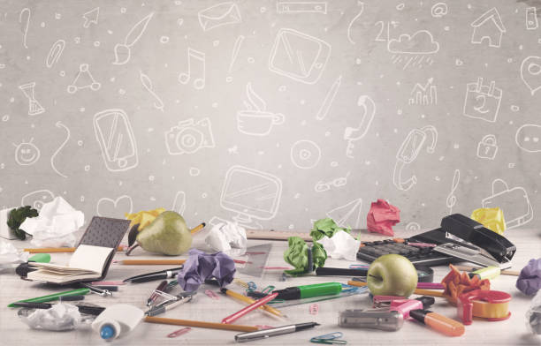 istock Design office desk with drawings background 1087165404