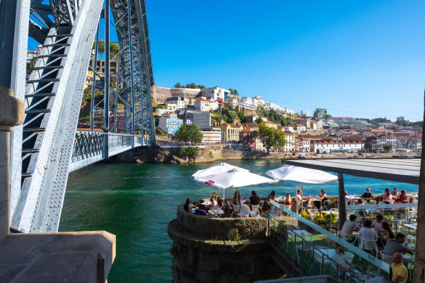 Terrace by the Douro River stock photo