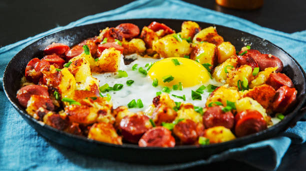 istock fried egg with sausage and potato in a frying pan 1087167644
