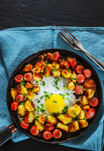 istock fried egg with sausage and potato in a frying pan 1087167798