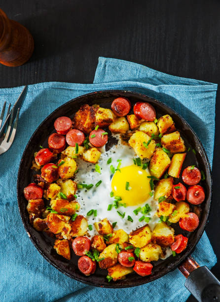 istock fried egg with sausage and potato in a frying pan 1087167880