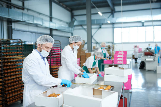 istock Confectionery factory employees putting pastry into boxes 1087171592