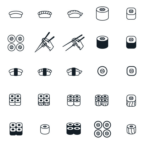 illustrations, cliparts, dessins animés et icônes de sushi roll cuisine japonaise baguettes minimal ligne plate icon set collection - illustrations de sushi