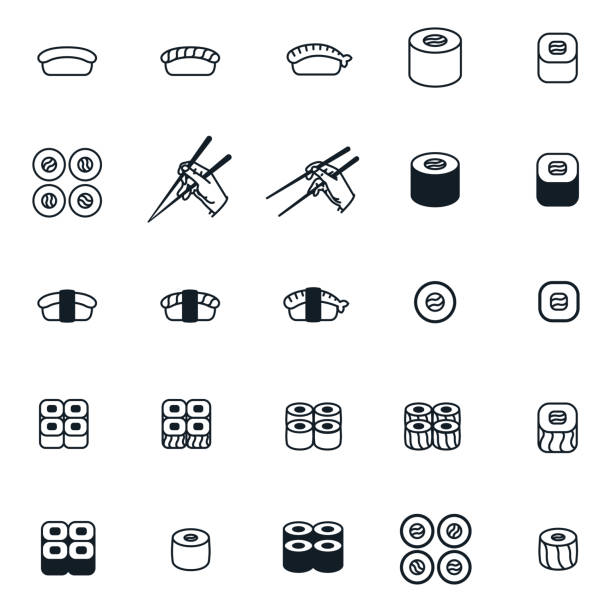 suşi roll japon yemekleri chopsticks en az düz çizgi icon set collection - sushi stock illustrations