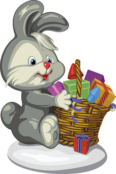 ilustraciones, imágenes clip art, dibujos animados e iconos de stock de bunny con regalos - cesta de navidad