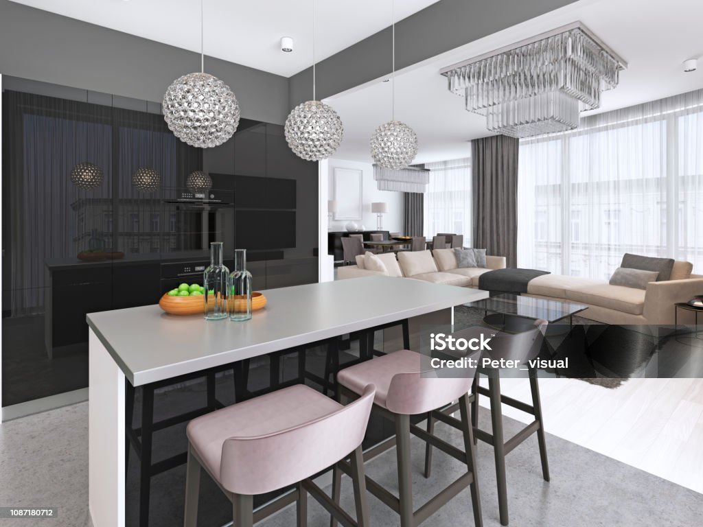Modern kitchen with an island and bar stools with built-in appliances. Modern kitchen with an island and bar stools with built-in appliances. 3d rendering Architecture Stock Photo