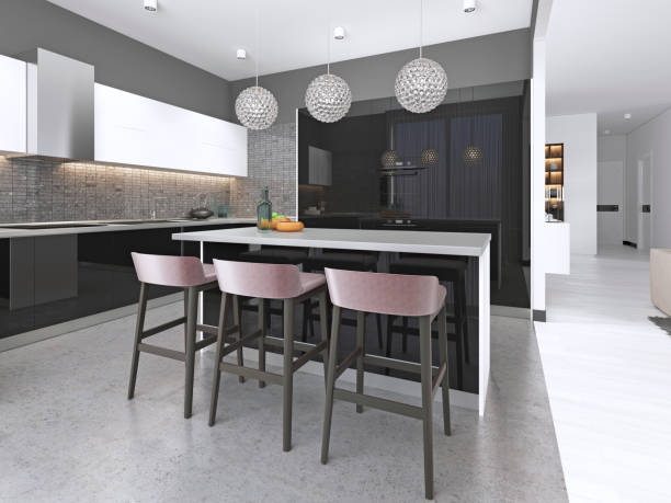 istock Modern kitchen with an island and bar stools with built-in appliances. 1087181048
