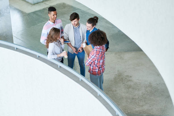 istock Young international students talking in university lobby 1087181580