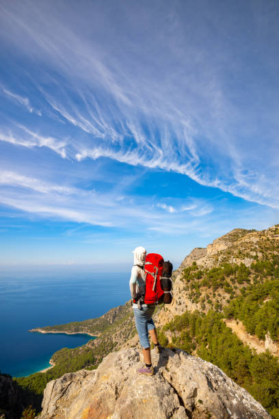 istock Alone backpacker look on magnifical sea view 1087181658