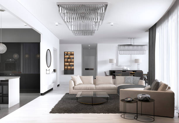 istock Spacious apartment interior studio with white wall scandinavian style, dining and kitchen. 1087183122