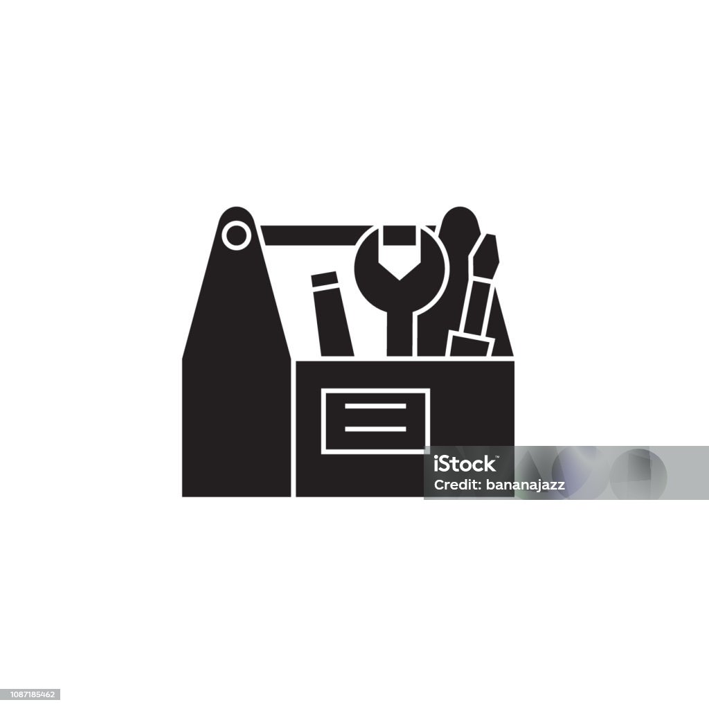 Construction tools box black vector concept icon. Construction tools box flat illustration, sign Construction tools box black vector concept icon. Construction tools box flat illustration, sign, symbol Toolbox stock vector