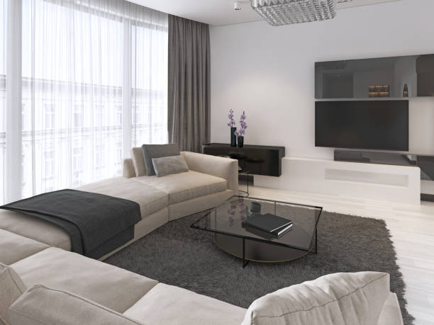 istock Modern light contemporary living room with large corner sofa and dining area. Console with a mirror, TV unit, coffee and side table. 1087185656
