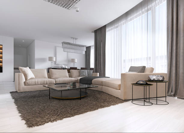 istock Modern light contemporary living room with large corner sofa and dining area. Console with a mirror, TV unit, coffee and side table. 1087185870