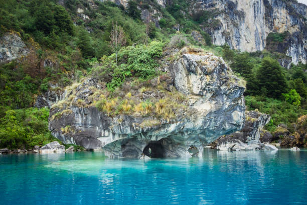 marble caves (Capillas del Marmol). General Carrera lake also called Lago Buenos Aires. North of Patagonia. Chile. Blue color stock photo