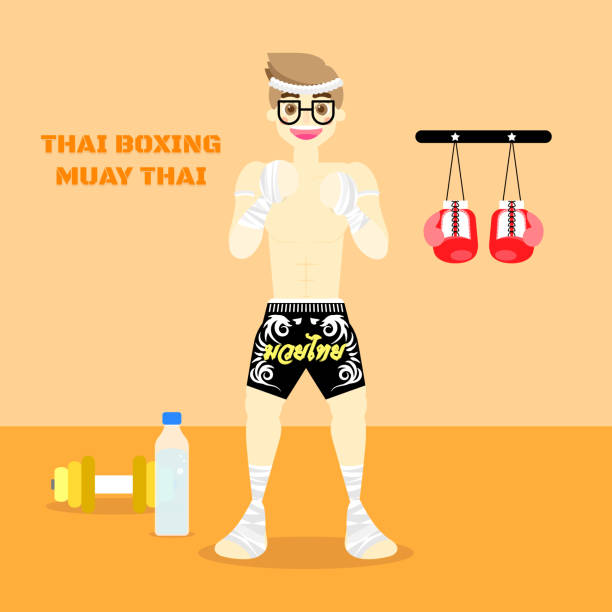 ilustraciones, imágenes clip art, dibujos animados e iconos de stock de boxeo tailandés muay tailandés con la hombre, deporte concepto en fondo naranja - healthy lifestyle men boxing dumbbell