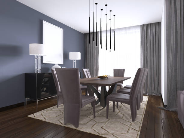 istock Modern dining room interior with violet walls, a wooden table with designer leather chairs near it, window and a chest of drawers. 1087195080