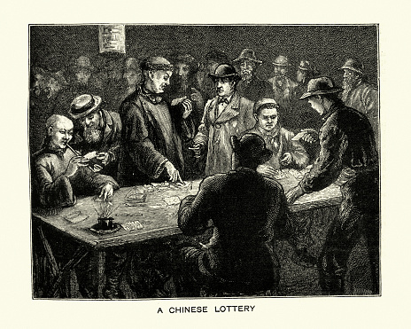 Vintage engraving of Gambling chinese lottery, Chinatown, San Francisco.  The Graphic 1884
