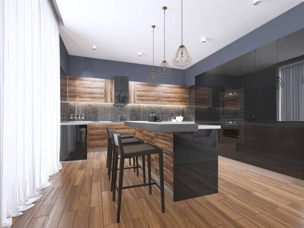 istock Modern kitchen with wood and gloss black kitchen cabinets, kitchen island with bar stools, stone countertops, built-in appliances. 1087199752