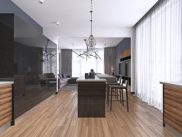 istock modern minimalistic kitchen, with contemporary wood fittings, panoramic window, luxury interior design 1087202748