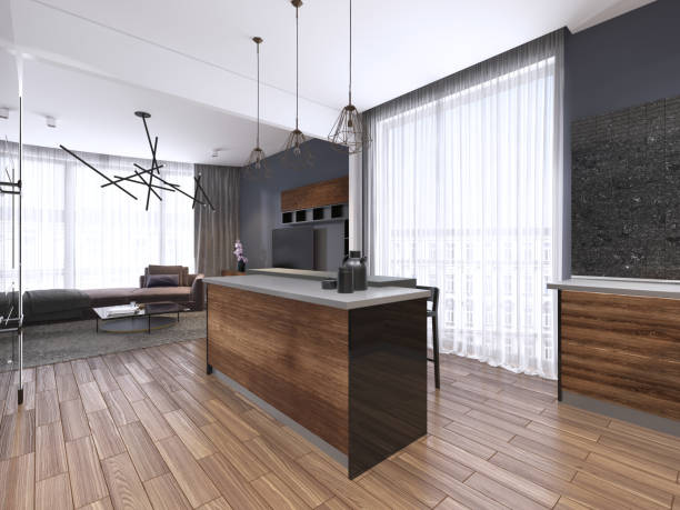 istock Large luxury contemporary kitchen with stone island bench. 1087207758