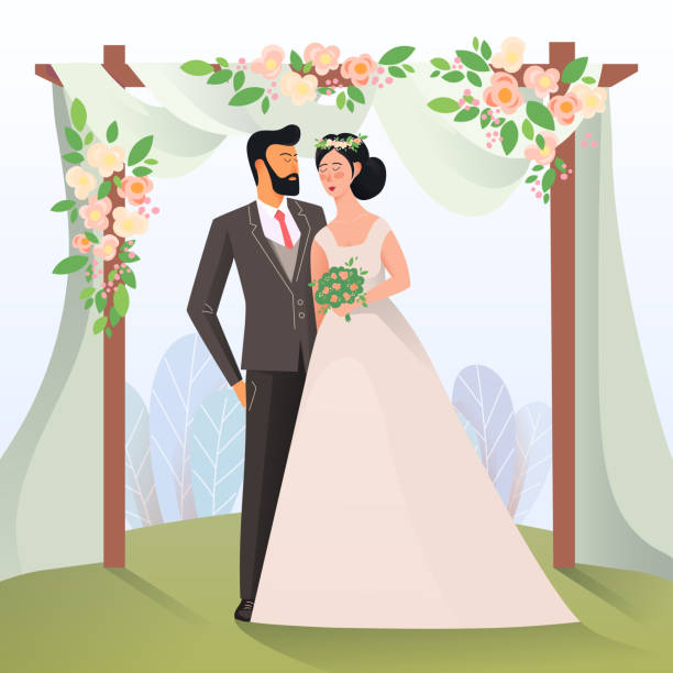 ilustraciones, imágenes clip art, dibujos animados e iconos de stock de hombre y mujer que tiene novia - young women wedding married engagement ring