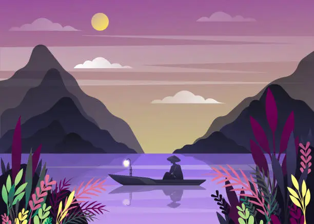 Vector illustration of Nature landscape with fisherman