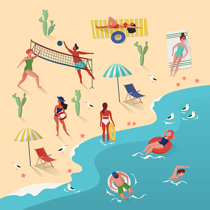 People activity on beach. Man playing volleyball and swimming. Woman having sunbath near sunbed or lounger. Beach with cactus. Leisure and holiday, summertime and tourism, sea and ocean theme