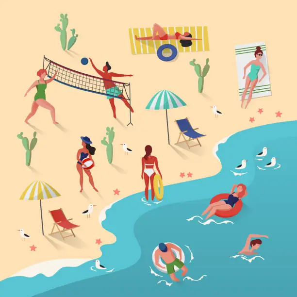 Vector illustration of People swimming and playing