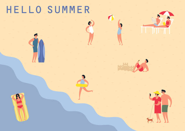 ilustrações, clipart, desenhos animados e ícones de as pessoas no mar praia piscina - fun tourist resort beach group of people