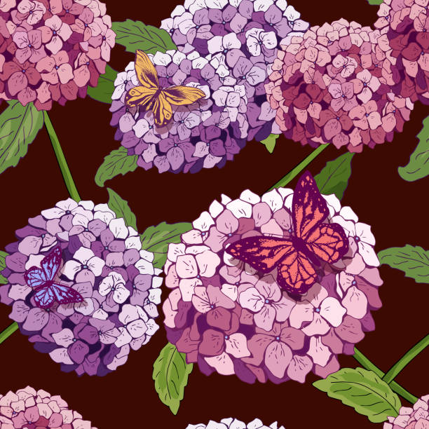 hydrangea Seamless pattern. Vector hand drawn texture with flowers, butterfly. Botany repeating wallpaper. pink. template cover fabric, books. abstract background wallpaper. hydrangea Seamless pattern. Vector hand drawn texture with flowers, butterfly. Botany repeating wallpaper. pink. template cover fabric, books. abstract background wallpaper. drawing of a green lisianthus stock illustrations