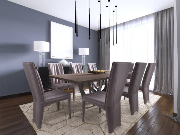 istock Modern dining room interior with violet walls, a wooden table with designer leather chairs near it, window and a chest of drawers. 1087214534