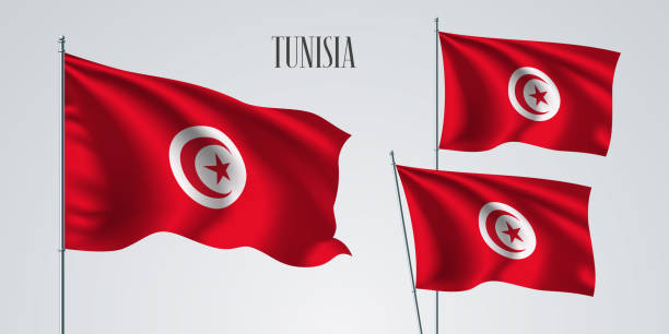 tunus bayrağı sallayarak vektör çizim ayarla - tunisia stock illustrations