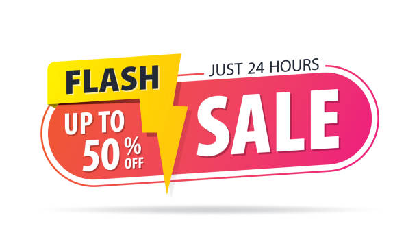 желтый розовый тег flash продажи 24 часа 50 процентов от продвижения веб-сайт баннер заголовок дизайна на графический белый вектор фона для бан� - buy now stock illustrations
