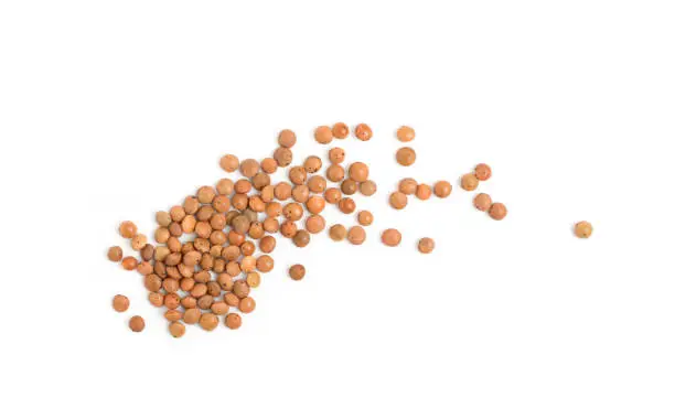 Dry brown lentils seeds or vegan protein source isolated on white background top view. Macro photo of edible legume of lens culinaris or lens esculenta close up