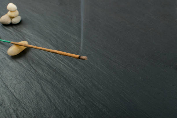 istock Burning incense aroma sticks with smoke on black background 1087223808