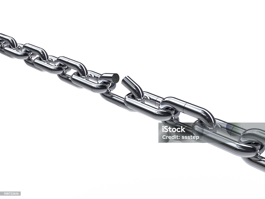 Broken chain Broken Сhain Isolated on White Background. A Chain Is As Strong As Its Weakest Link Stock Photo