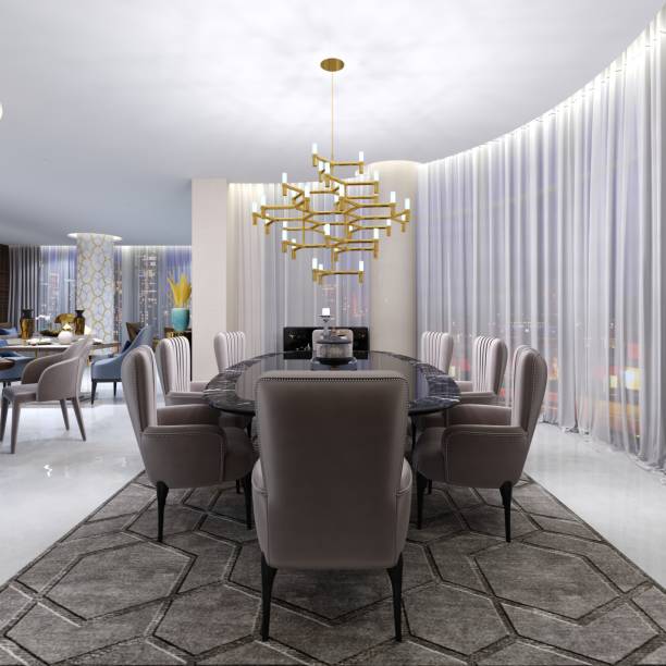 istock Large dining table in the hotel for eight people with a black table with a glass tabletop. Large and soft comfortable chairs and a golden chandelier near a large panoramic window. 1087227104