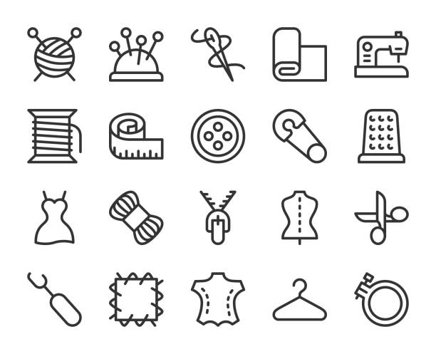 ilustraciones, imágenes clip art, dibujos animados e iconos de stock de costura y costura - los iconos de línea - confeccion textil