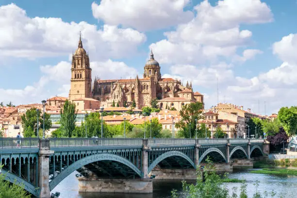 Cityscape of Salamanca with bridge over Tormes river and cathedral, Spain