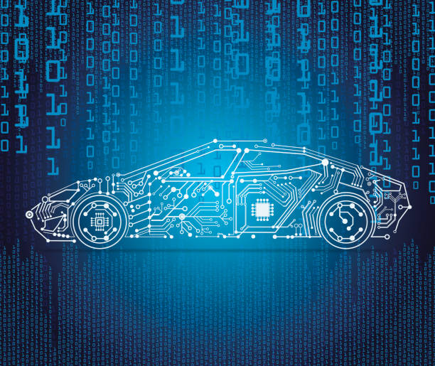 autonomous driving with a e-car autonomous driving, driving, car, hacked car by virus, hacker, computer, software autonomous vehicles stock illustrations